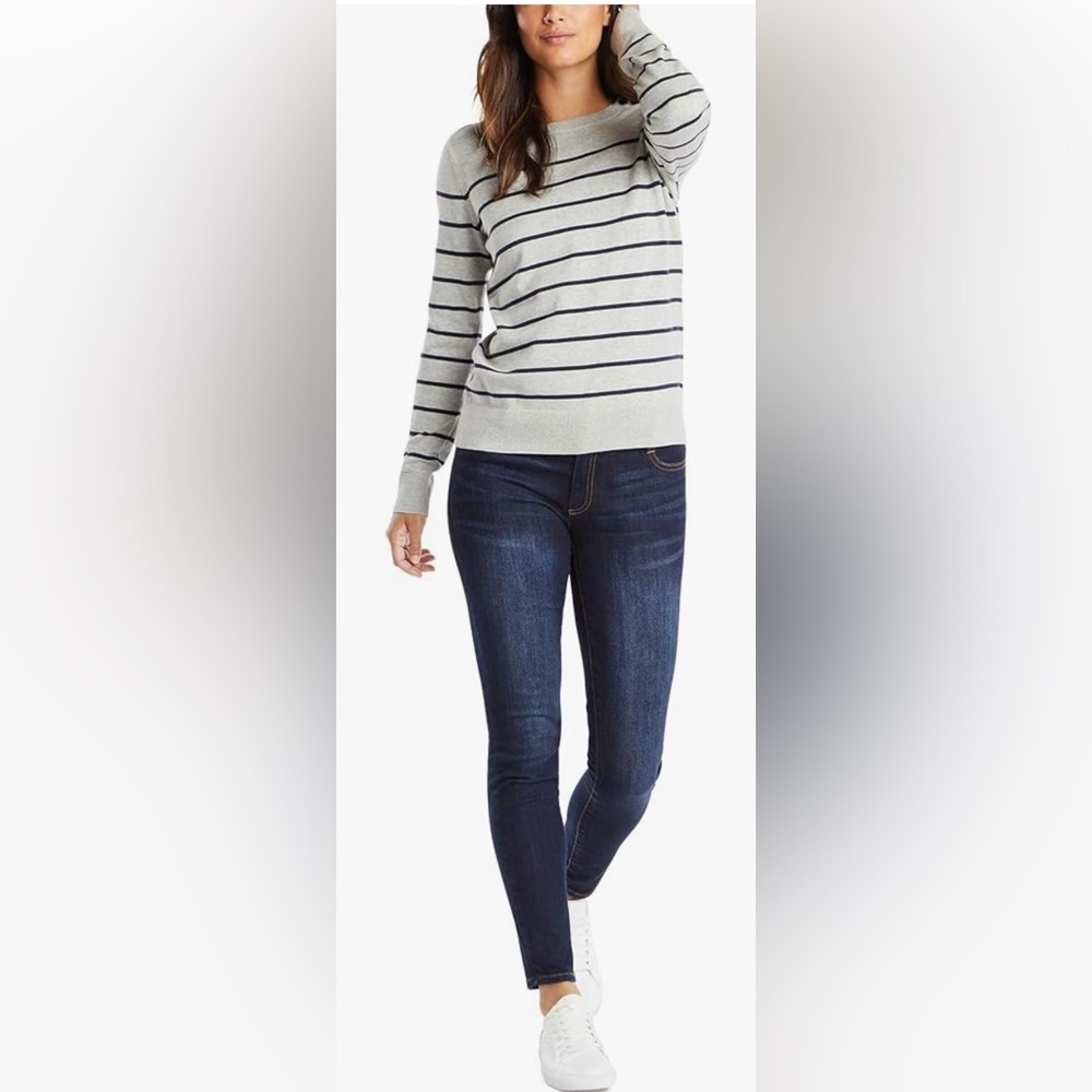 JACOB Grey/Black Stripe Knit Sweater -Boatneck-Button at neck detail -SzM-EUC🍂 - Picture 4 of 11